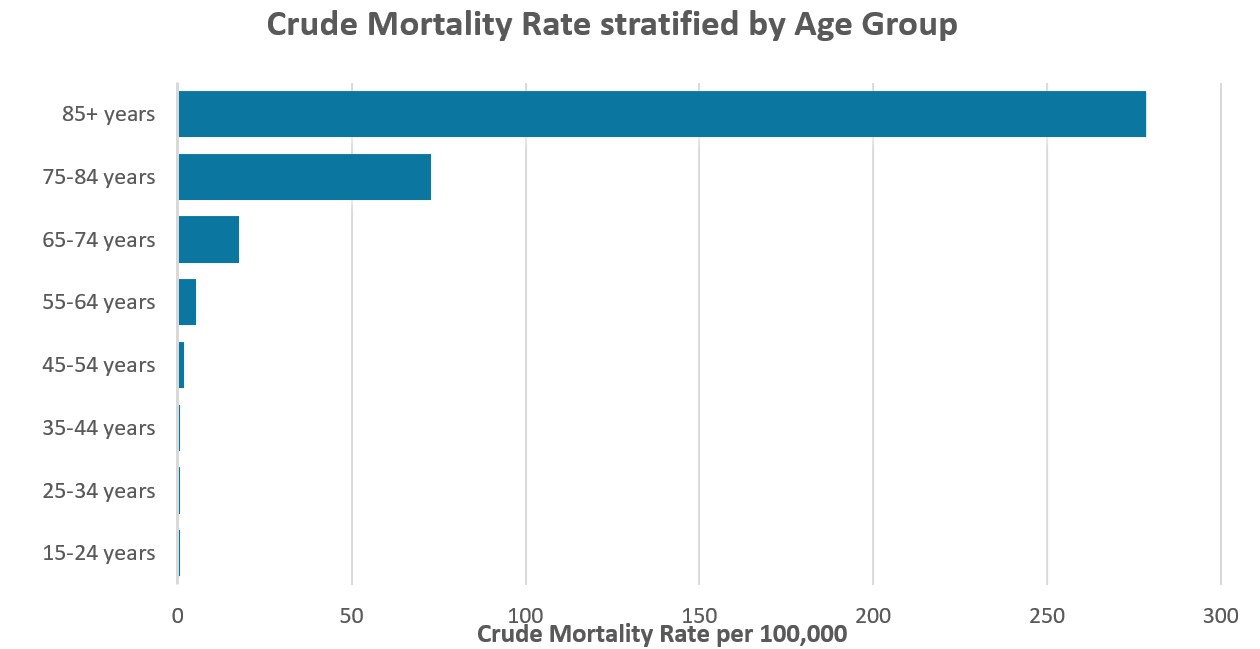 Crude mortality rates for CVD underlying-cause deaths with P&I mentioned on the death certificate, by age group (1999–2020).
