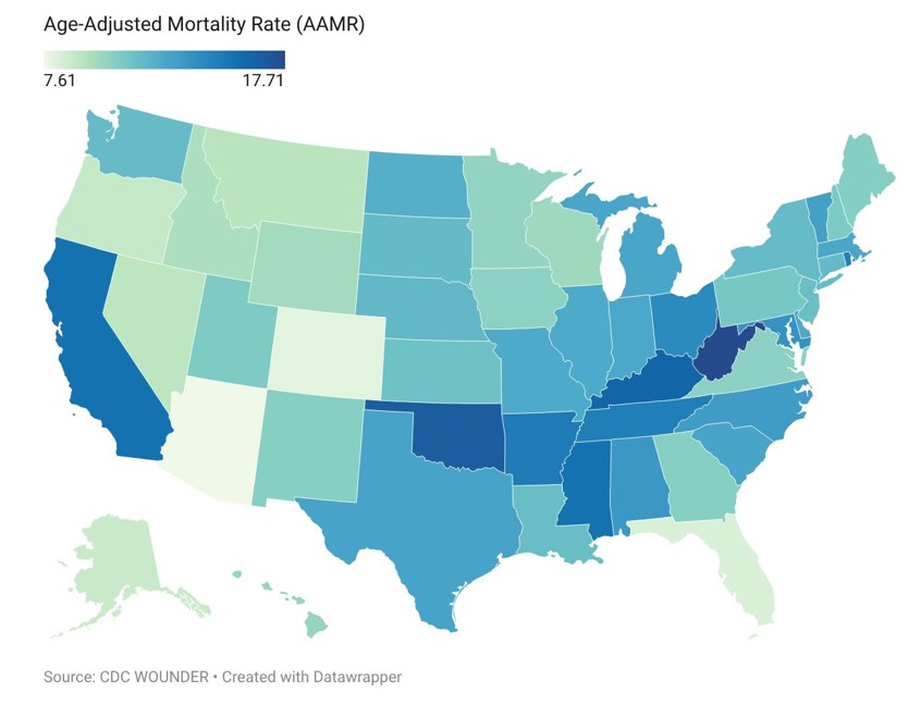 State-Level Geographic Variation in AAMRs of CVD Underlying-Cause of Deaths with Pneumonia and Influenza Mentioned on the Death Certificate, United States (1999–2020).