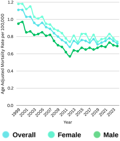 Heart failure (HF) and mitral regurgitation (MR)-related mortality in U.S. adults, 1999–2024, stratified by sex and year.