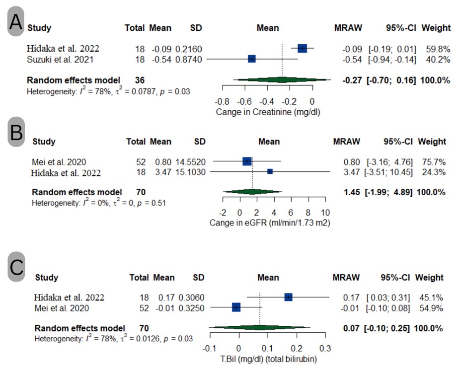 Forest plot (A) Change in Creatinine, Forest plot (B) Change in eGFR, and Forest plot (C) Change in Total Bilirubin.