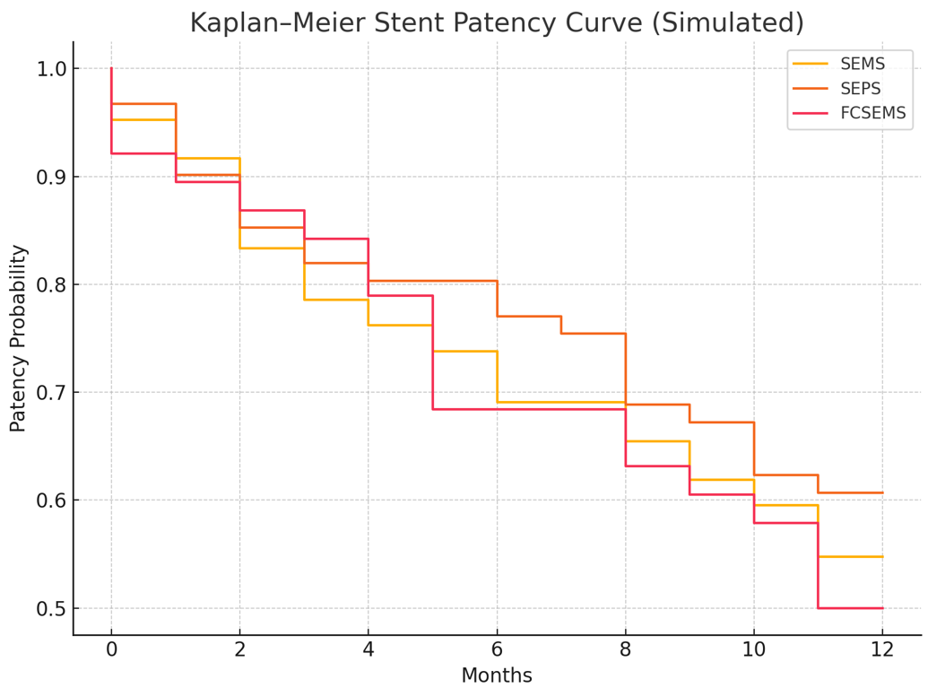 Simulated Kaplan–Meier stent patency curve by stent type.