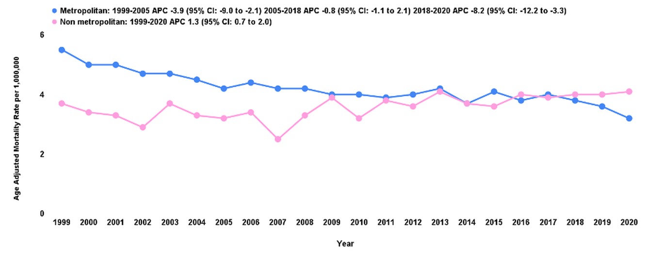 Liver cell carcinoma and hepatic failure–related age-adjusted mortality rate per 1,000,000, stratified by urbanization level among adults in the United States from 1999 to 2020. Lines represent annual AAMR with filled circles as data points. Blue line: Metropolitan areas; Pink line: Non-metropolitan