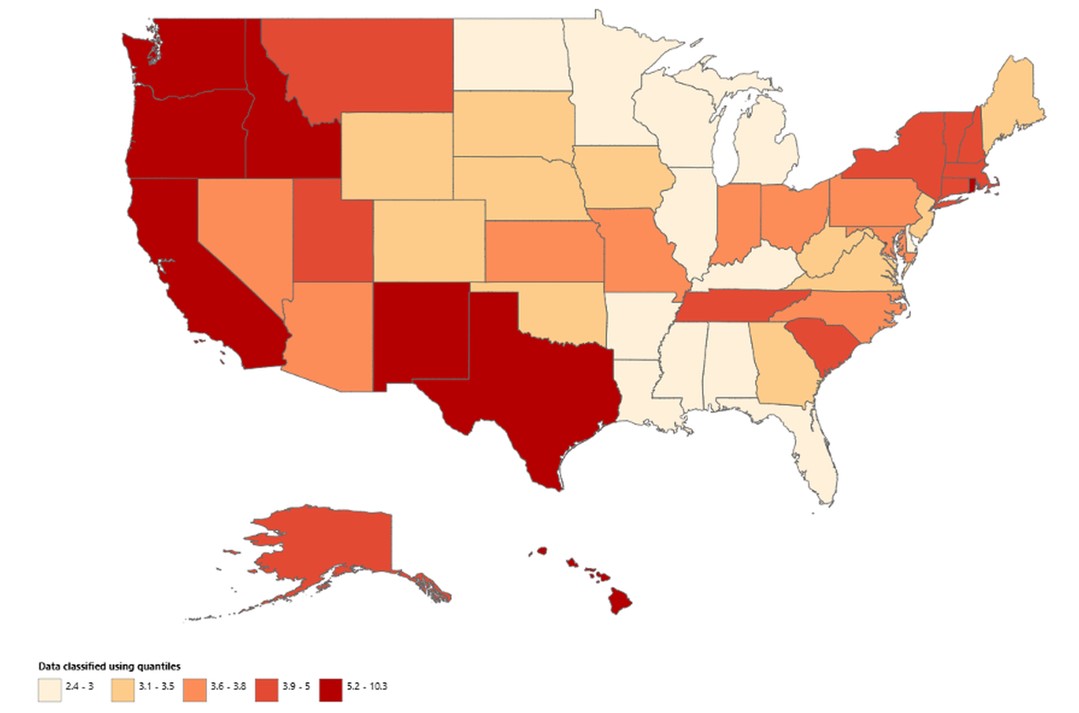 Liver cell carcinoma and hepatic failure–related age-adjusted mortality rate per 1,000,000, stratified by state among adults in the United States from 1999 to 2020. Color shading represents AAMR quantile categories per 1,000,000: lightest (2.4–3.0), light orange (3.1–3.5), medium orange (3.6–3.8), d