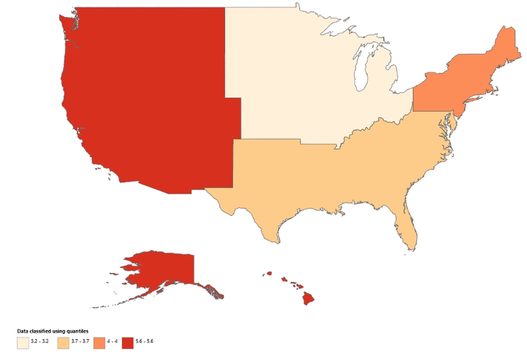 Map presenting liver cell carcinoma and hepatic failure–related age-adjusted mortality rate per 1,000,000, stratified by census region among adults in the United States from 1999 to 2020. Color shading represents AAMR quantile categories per 1,000,000: lightest (3.2), light orange (3.7), medium oran