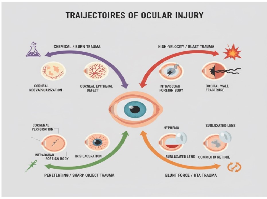 Schematic illustration of trajectories and clinical sequelae of ocular injury.