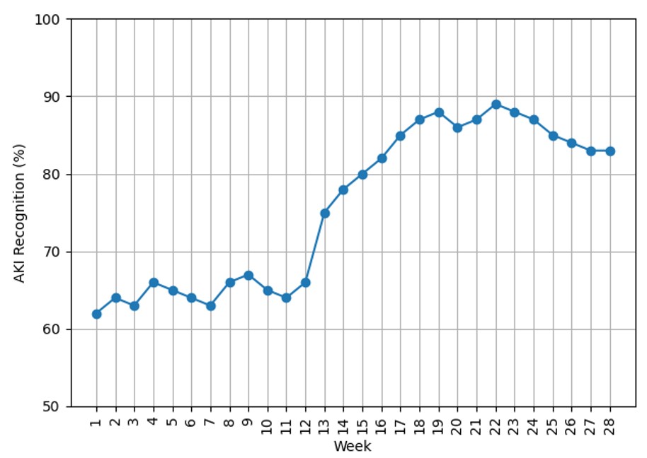 Weekly run chart for AKI recognition within 24 hours.