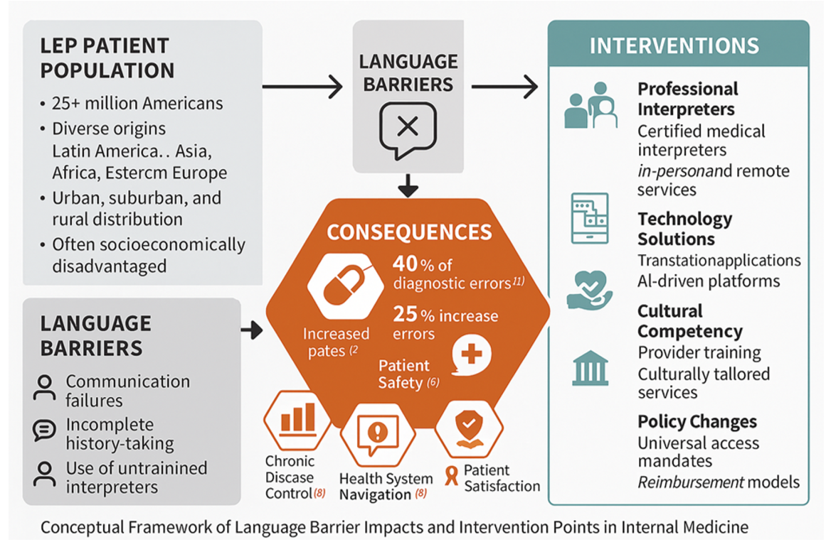 Conceptual Framework of Language Barrier Impacts and Intervention Points in Internal Medicine.