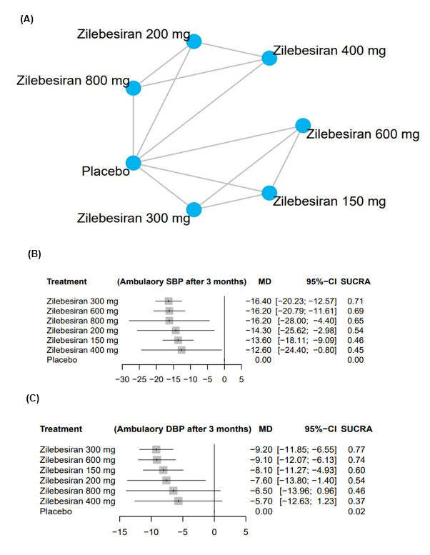 Network Plots and Forest Plots: (A) Network plot comparing ambulatory systolic blood pressure and ambulatory diastolic blood pressure across studies (B) Network forest plot showing the mean change in ambulatory systolic blood pressure after 3 months (C) Network forest plot showing the mean change in