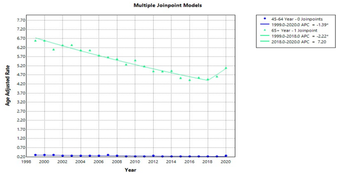 Age-adjusted mortality rates (AAMRs) per 100,000 individuals stratified by Age groups in the United States, 1999 to 2020 .