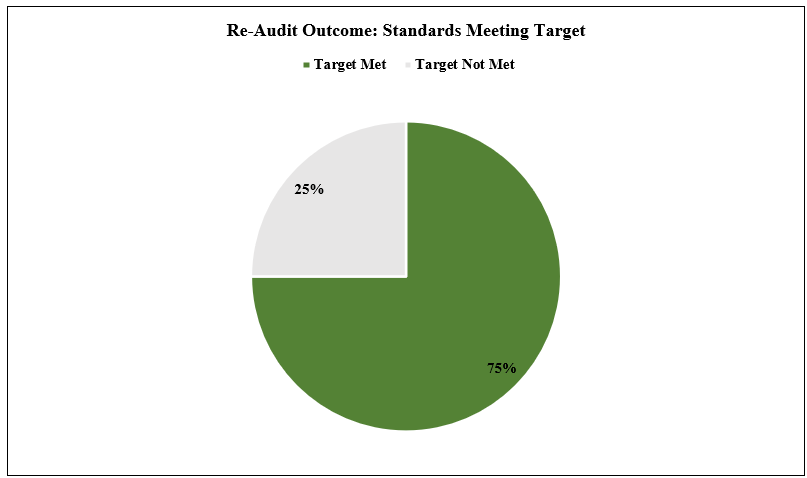 Proportion of Standards Meeting Target Compliance Thresholds Post-Intervention Pie chart depicting the proportion of care standards that met or did not meet target benchmarks during the re-audit period (January–March 2025). Six of eight standards achieved full compliance, indicating successful imple