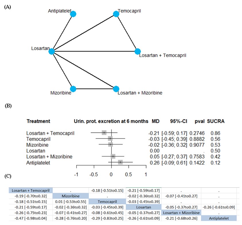 Change from baseline in Urine protein excretion at 6 months Random-effect model, Mean difference: (A) Network plot, (B) Network forest plot, (C) League table