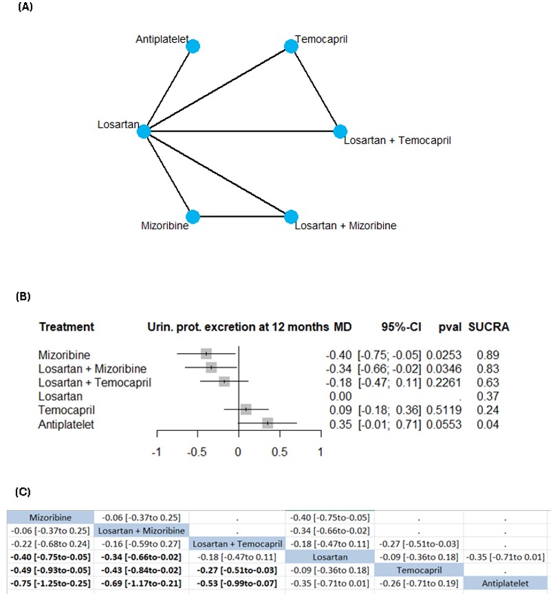 Change from baseline in Urinary Protein Excretion (UPE) at 12 months Random-effect model, Mean difference: (A) Network Plot, (B) Network Forest Plot, (C) League Table.