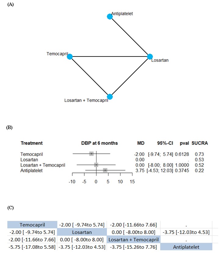 Change from baseline in DBP at 6 months Random-effect model, Mean difference: (A) Network plot, (B) Network forest plot, (C) League table.