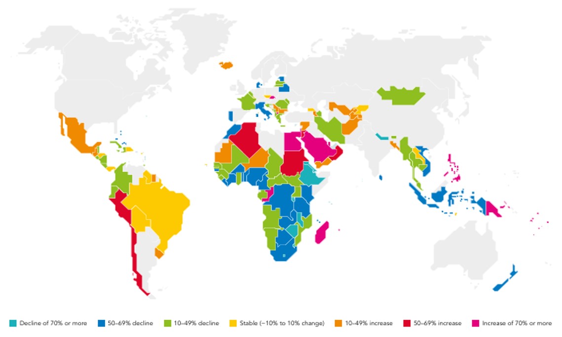 Number of new HIV infections in countries with available data, 2010–2022, showing Egypt with an increase of 70% or more in the category. Source: [14].