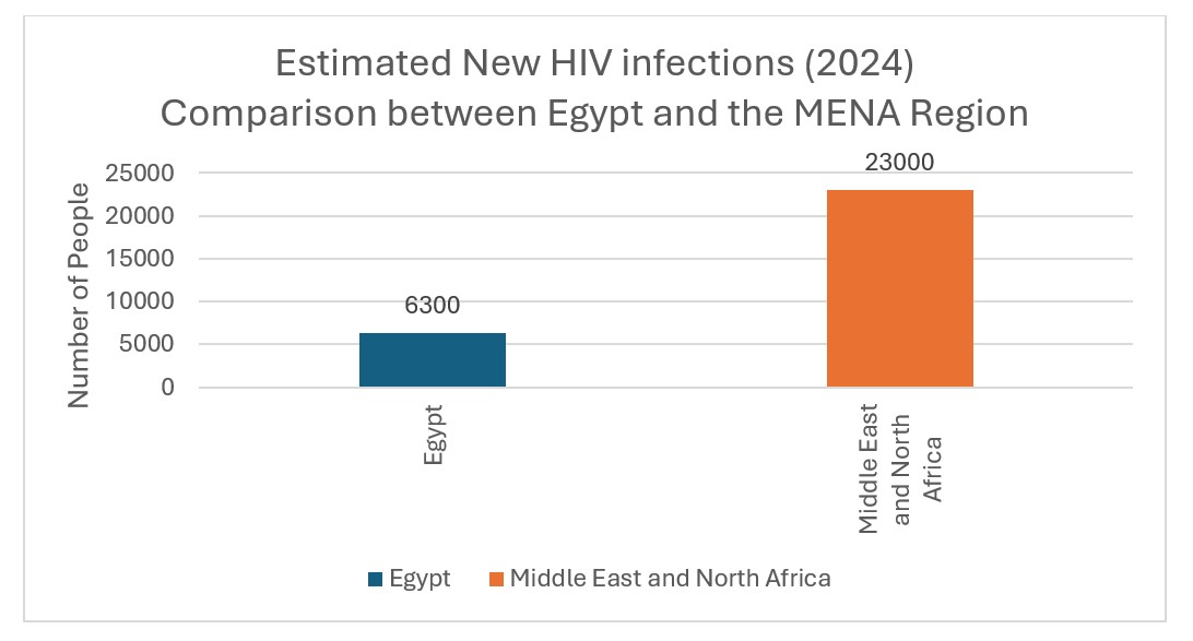 Egypt has a new HIV infection (all ages) estimate of 6,300 compared to 23,000 for the MENA region, indicating that Egypt alone accounts for about >25% (\sim27%) of new HIV infections in the MENA region [16].