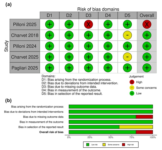 Risk of bias assessment of the included studies; a: risk of bias graph that represents the percentage of each bias level for five items; b: risk of bias summary that represents the level of specific items.